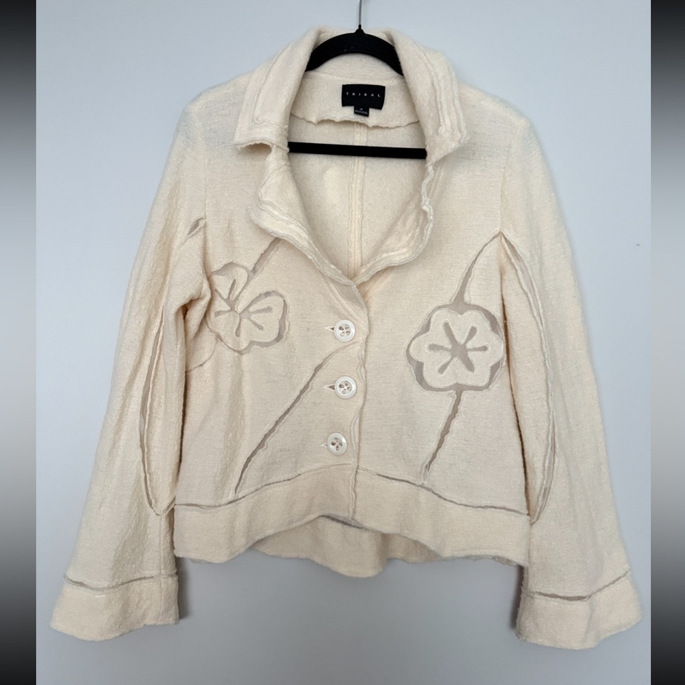 Tribal Cream Floral Appliqué Wool Jacket Size 12